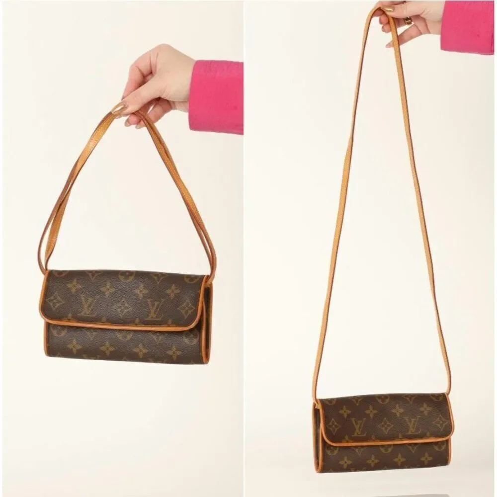 Authentic LOUIS VUITTON Pochette Twin Dark Brown Logo Monogram Shoulder …